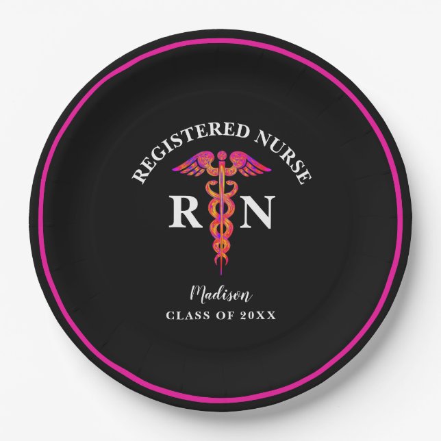 Nursing Graduation Black Hot Pink Party Monogram Paper Plate (Front)