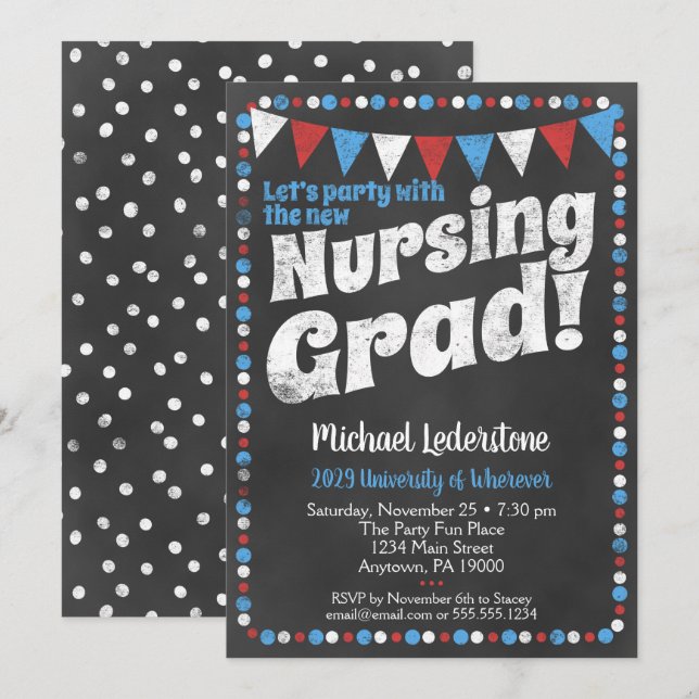 Nursing Graduation Party Invitation Red Blue (Front/Back)
