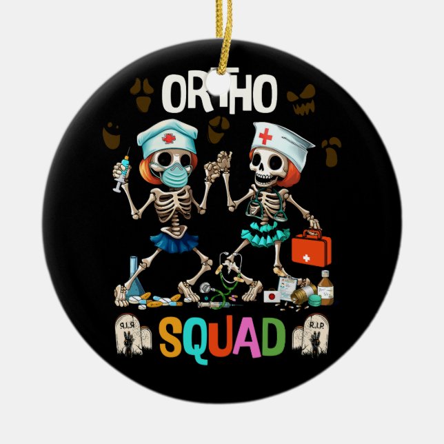 Nursing Ortho Squad Skeletons Halloween Orthopaedi Ceramic Tree Decoration (Front)