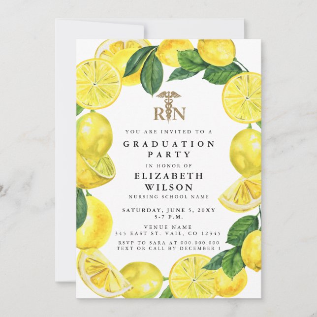 Nursing Registered Nurse RN Lemon Graduation Invitation (Front)