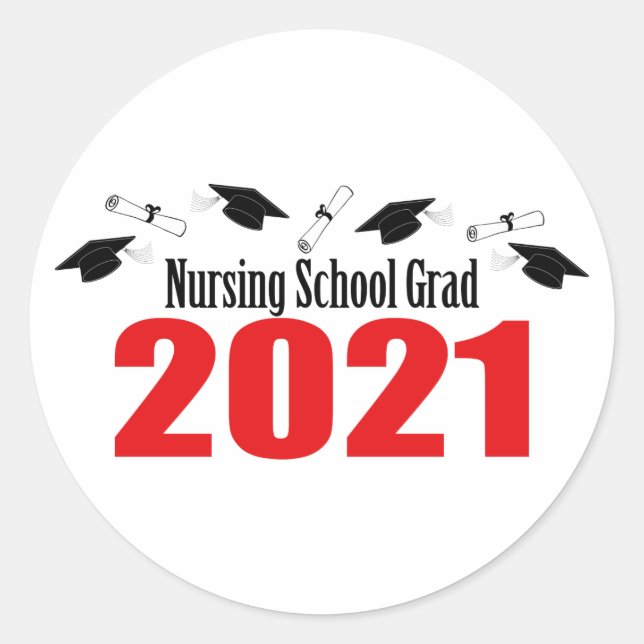 Nursing School Grad 2021 Caps And Diplomas (Red) Classic Round Sticker (Front)