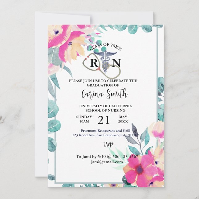 Nursing School Graduation Floral Party Invitation (Front)
