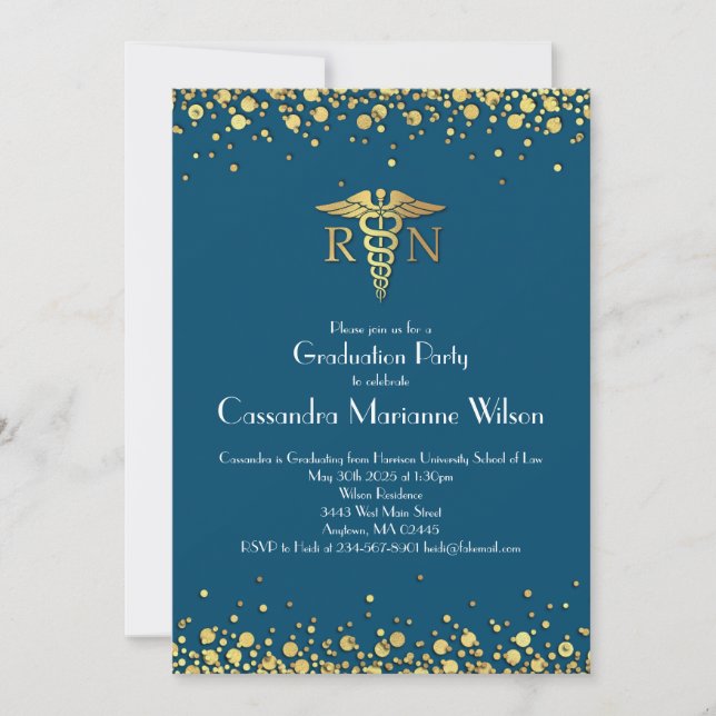 Nursing School Graduation Gold Blue Invitation (Front)