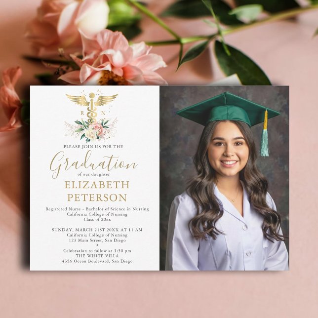 Nursing School Graduation Gold Caduceum Roses Invitation (nursing school graduation gold caduceum roses greenery leaves floral contemporary modern photo nurse)