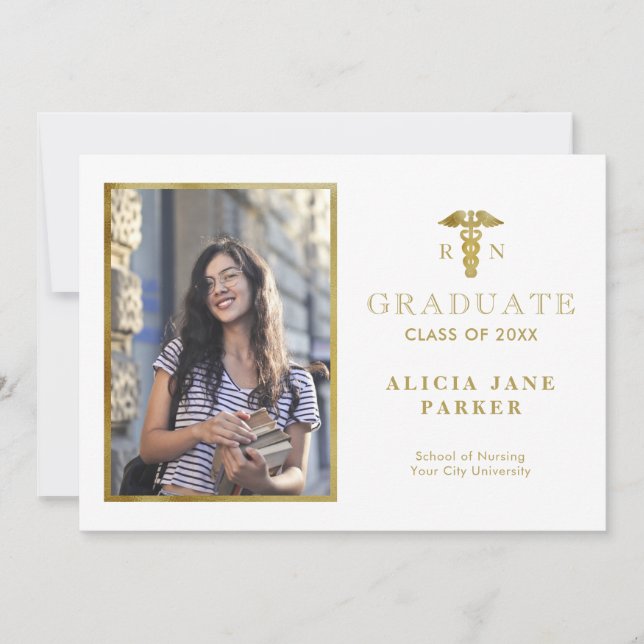 Nursing school graduation gold elegant photo announcement (Front)