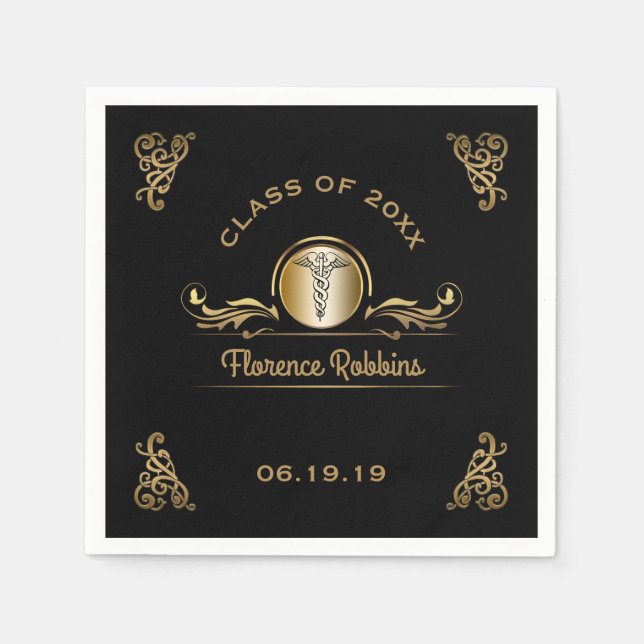 Nursing School Graduation Party Gold Caduceus Napkin (Front)