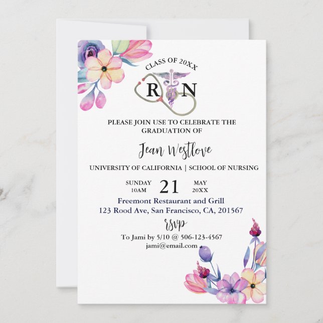 Nursing School Graduation Watercolor Floral Spring Invitation (Front)
