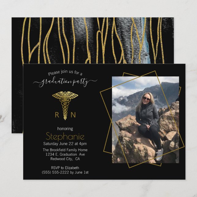 Nursing  School Photo Black Gold Graduation Invitation (Front/Back)