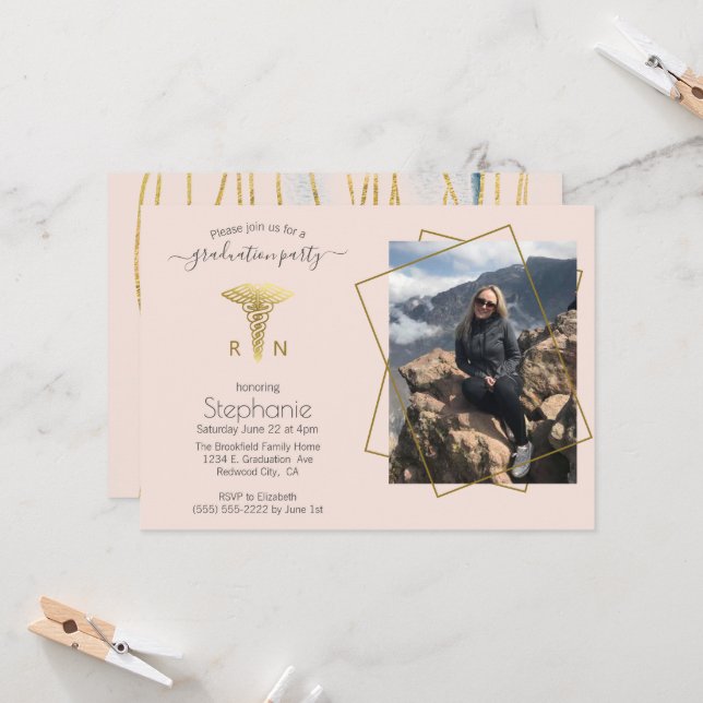Nursing  School Photo Blush Gold Graduation  Invitation (Front/Back In Situ)