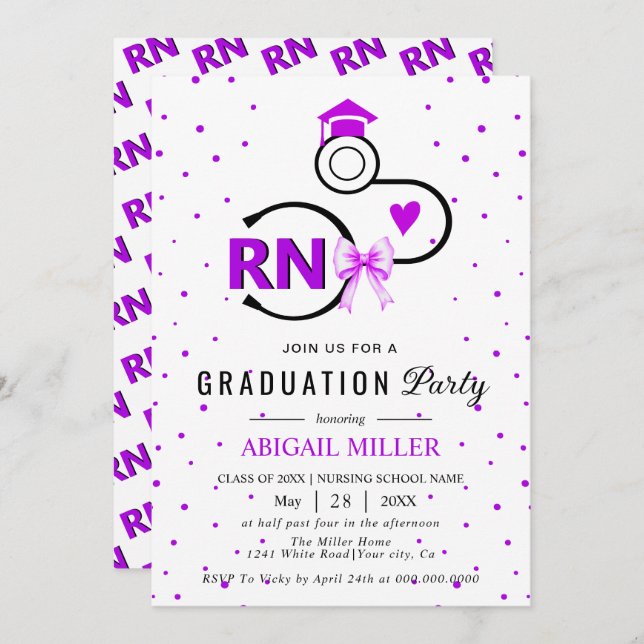 Nursing shool stethoscope purple RN graduation Invitation (Front/Back)