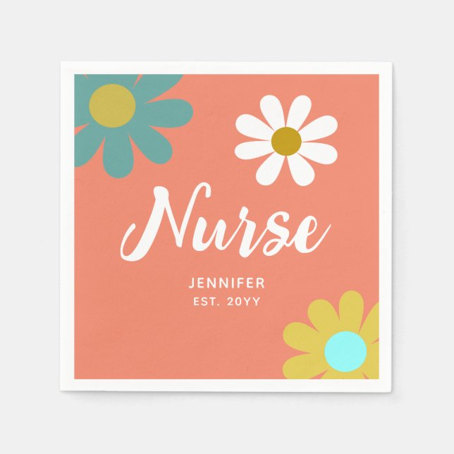 Nursing Student Graduate Retro Daisies Monogram Napkin (Front)