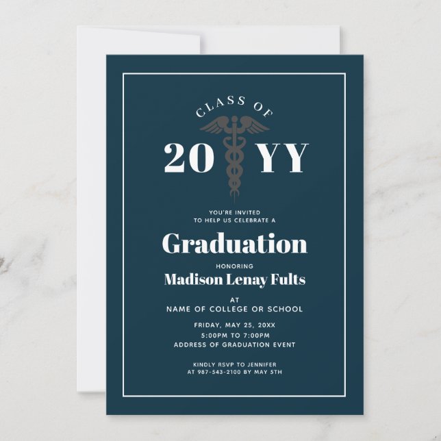 Nursing Student Graduation Navy Blue White Medical Invitation (Front)