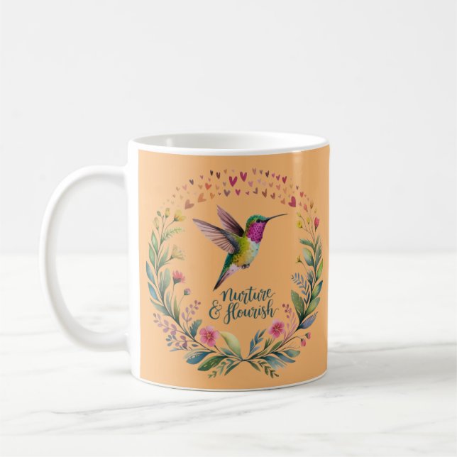 Nurture and Flourish Hummingbird Floral Design  Coffee Mug (Left)