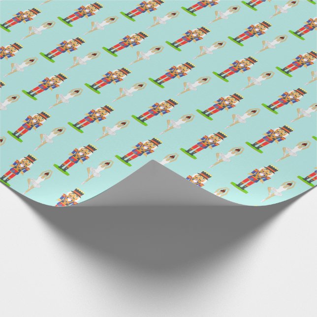 Nutcracker and ballet dancer on light teal wrapping paper (Corner)