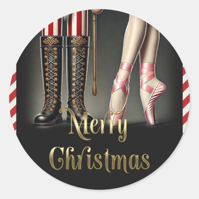 Nutcracker & Ballerina Black Gold Merry Christmas Classic Round Sticker (Front)