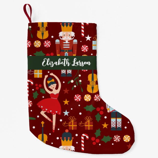 Nutcracker & Ballerina Cute Maroon Merry Christmas Small Christmas Stocking (Front)