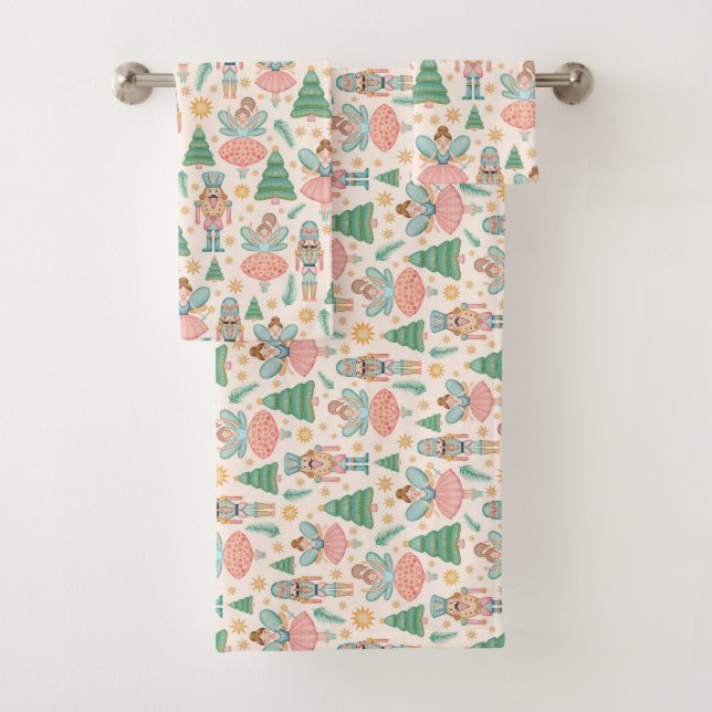 Nutcracker Ballet and Fairies on Cream Background Bath Towel Set (Insitu)