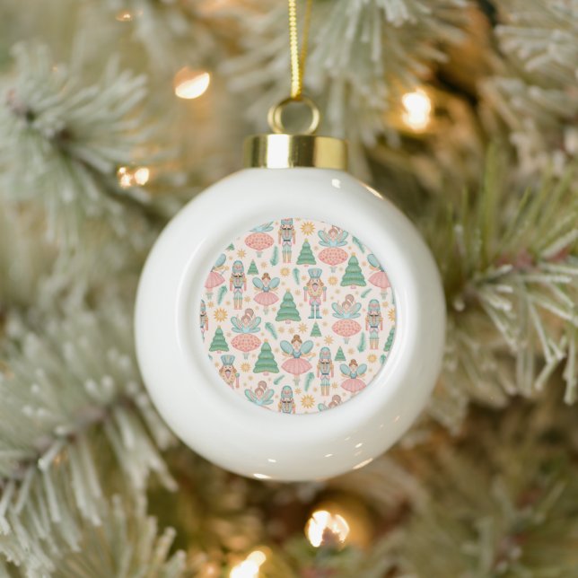 Nutcracker Ballet and Fairies on Cream Background Ceramic Ball Christmas Ornament (Tree)