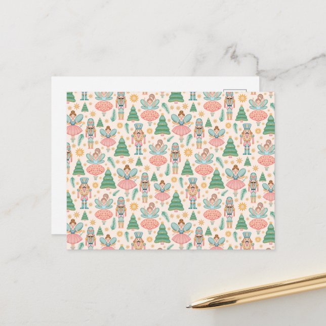 Nutcracker Ballet and Fairies on Cream Background Holiday Postcard (Front/Back In Situ)