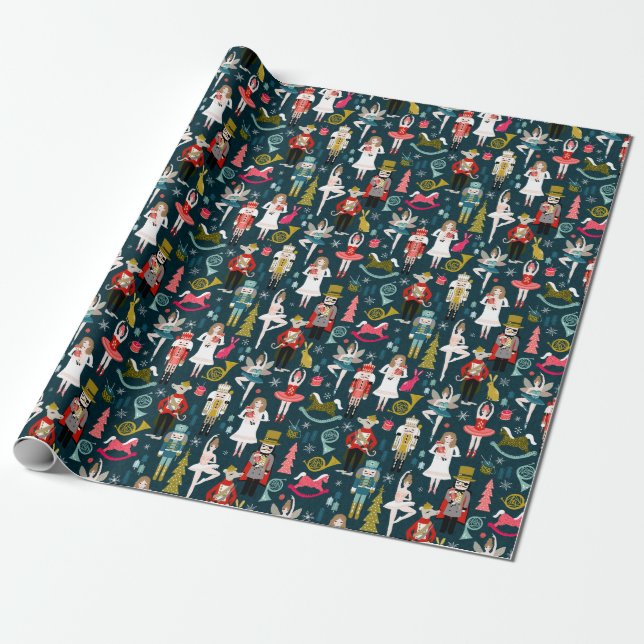 Nutcracker Ballet Characters - Navy Wrapping Paper (Unrolled)