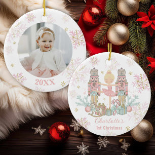 Nutcracker Ballet Pink 1st Christmas Baby Photo Ceramic Tree Decoration