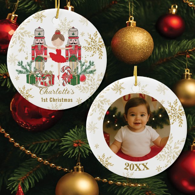 Nutcracker Ballet Red 1st Christmas Baby Photo Ceramic Tree Decoration (Creator Uploaded)