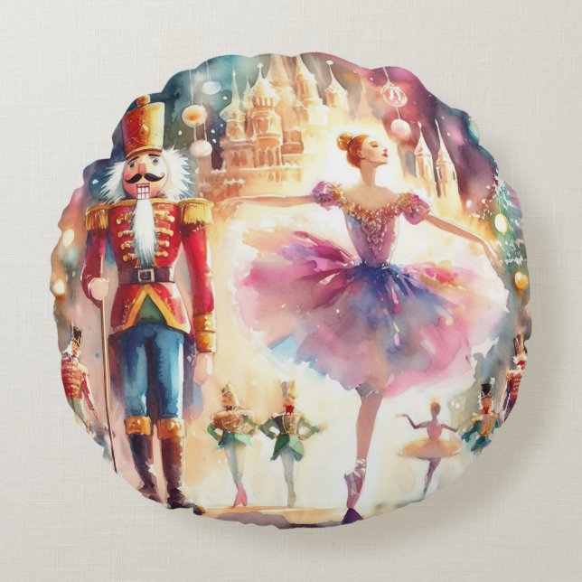Nutcracker Ballet Watercolor Christmas Ballerina Round Cushion (Front)
