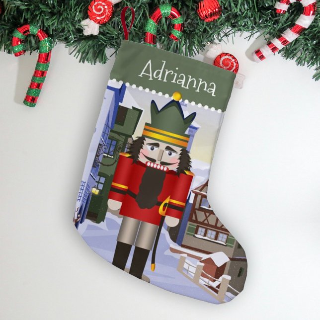 Nutcracker, Bavarian German Green Personalised  Small Christmas Stocking (Nostalgic green and blue personalized Christmas stocking with name. Red nutcracker, Bavarian town.)