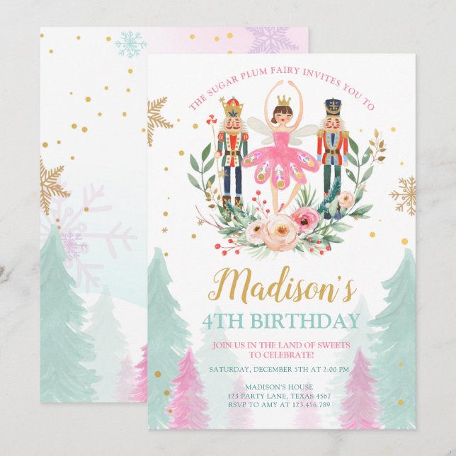 Nutcracker Birthday Girl Ballet Girl Suger Plum Invitation (Front/Back)