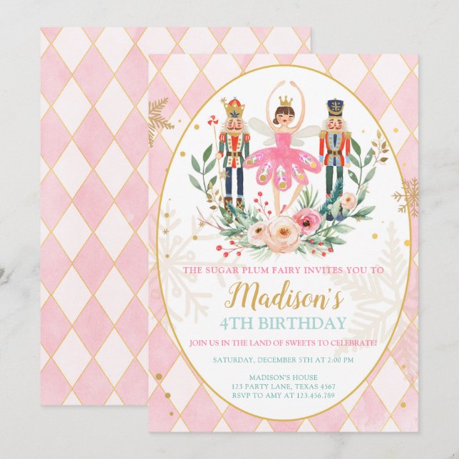 Nutcracker Birthday Girl Ballet Girl Suger Plum Invitation (Front/Back)