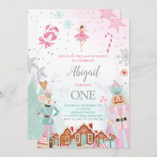 Nutcracker Birthday Girl Land of Sweets Fairy Pink Invitation (Front/Back)
