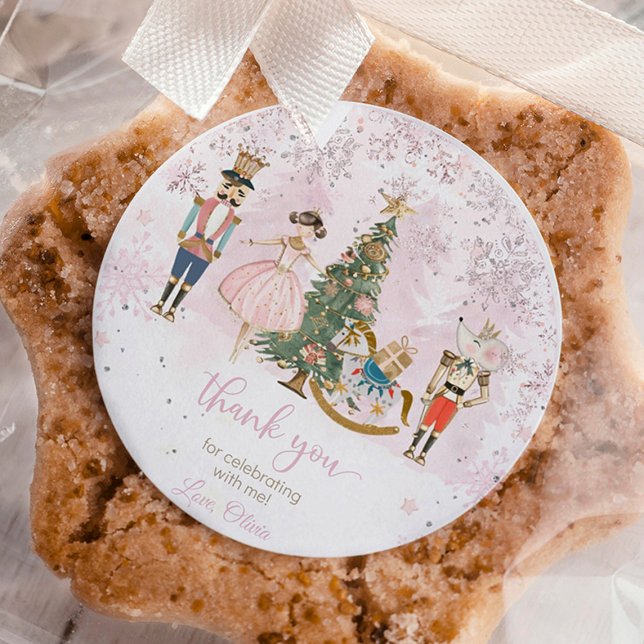 Nutcracker Birthday Sugar Plum  Classic Round Sticker (Nutcracker Sugar Plum Fairy pink birthday party sticker favor)