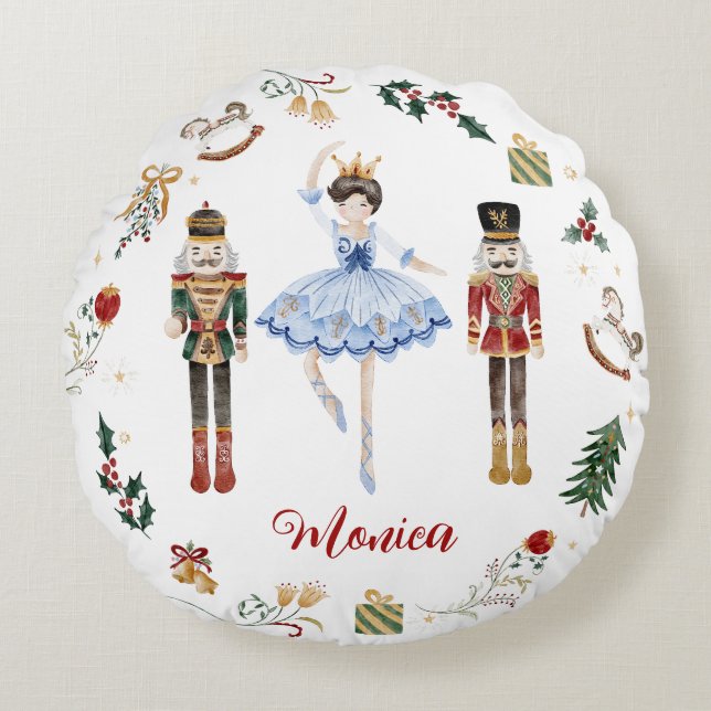 Nutcracker blue gold ballerina birthday round cushion (Front)