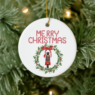 Nutcracker Bow Wreath Red Merry Christmas Holiday Ceramic Tree Decoration