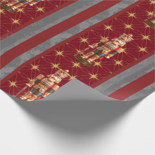 Nutcracker Burgundy Grey Striped Gold Stars Wrapping Paper