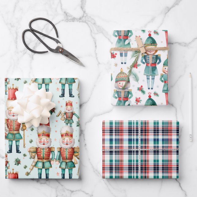 Nutcracker Christmas Greenery & Plaid Wrapping Paper Sheet (Front)