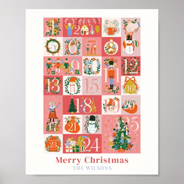 Nutcracker Christmas Holiday Pink Advent Calendar Poster (Front)