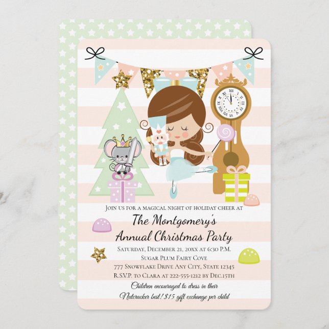 Nutcracker Christmas Party Invitations Brunette (Front/Back)