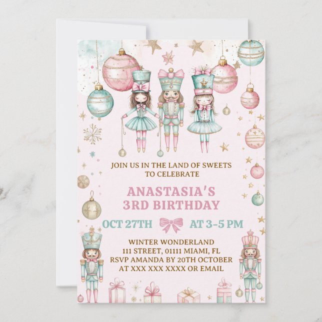 Nutcracker Christmas Pink Wonderland 3rd Birthday  Invitation (Front)