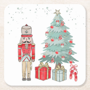 Nutcracker, Christmas tree & presents Square Paper Coaster