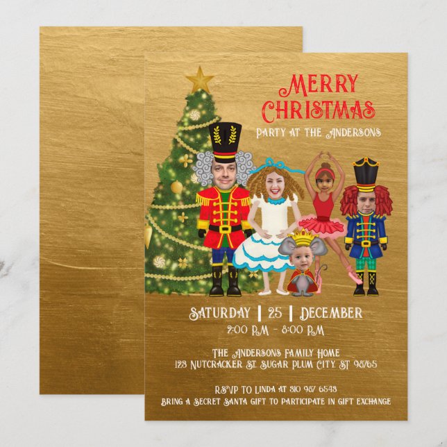 Nutcracker Family of Five Gold Christmas Party Invitation (Front/Back)