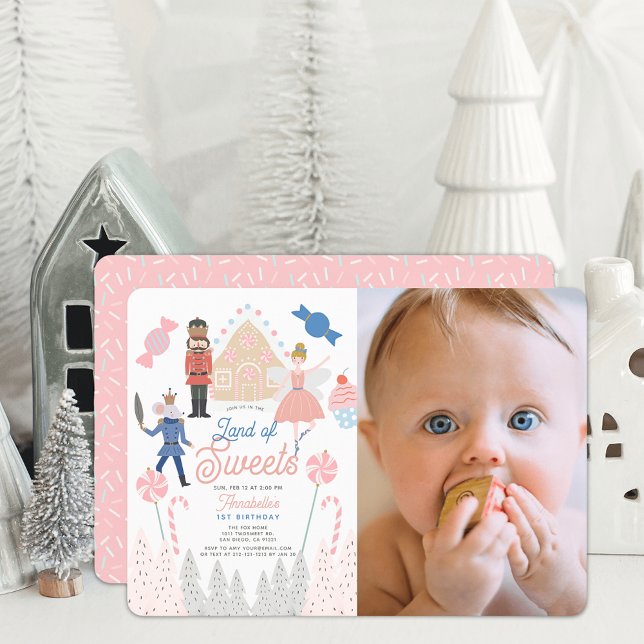 Nutcracker Land of Sweets Pink 1st Birthday Photo Invitation (Creator Uploaded)