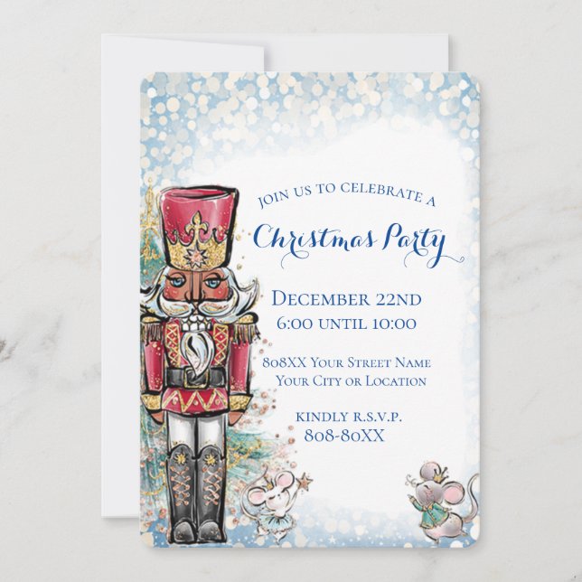 Nutcracker & Mice Snowy Christmas Party Invitation (Front)