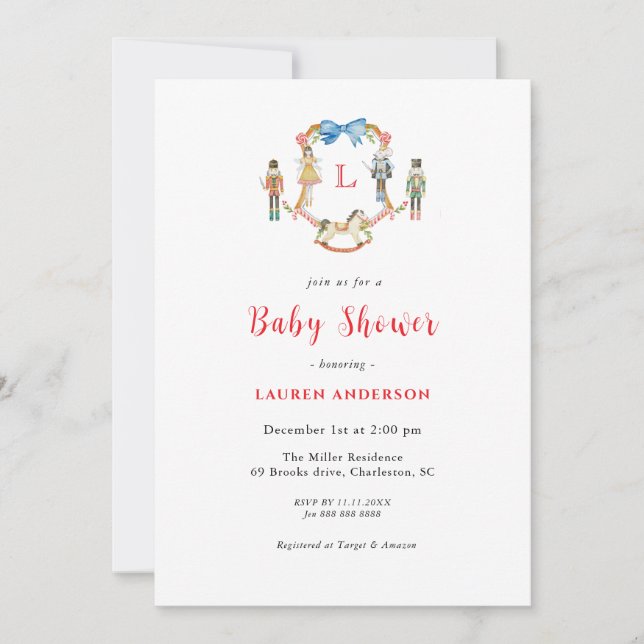 Nutcracker Monogram crest Christmas Baby shower Invitation (Front)