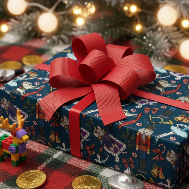 Nutcracker Mouse King Ballerina Navy Blue Xmas Wrapping Paper (Elegant Nutcracker Ballet Wrapping Paper. Navy Blue Vintage Nutcracker Ballerina Mouse King Pattern)