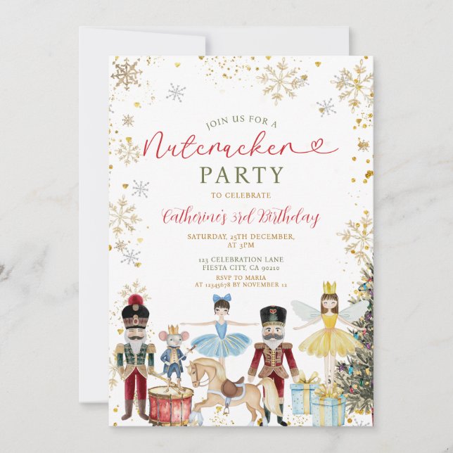 Nutcracker Party 1st Birthday Gold Snowflakes Invitation (Front)