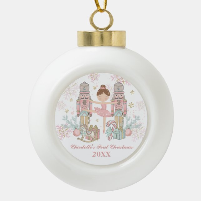 Nutcracker Pastel Pink Ballet Baby First Christmas Ceramic Ball Christmas Ornament (Front)