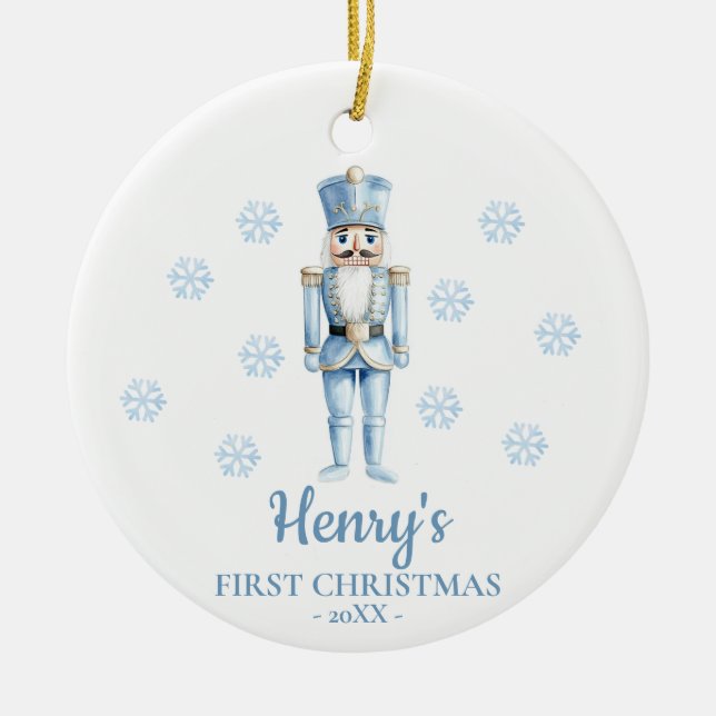 Nutcracker Personalised Baby's First Christmas Ceramic Tree Decoration (Front)