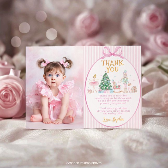 Nutcracker Pink Bow Christmas Birthday Photo Thank You Card (Creator Uploaded)