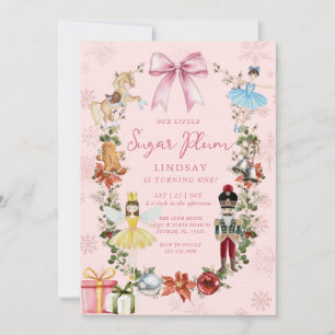 Nutcracker Pink Bow Christmas Girl 1st Birthday Invitation